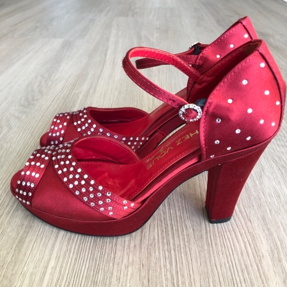 Marchez Vous Red Heels with Rhinestones and Ankle Strap, Size 6 - Picture 3 of 13